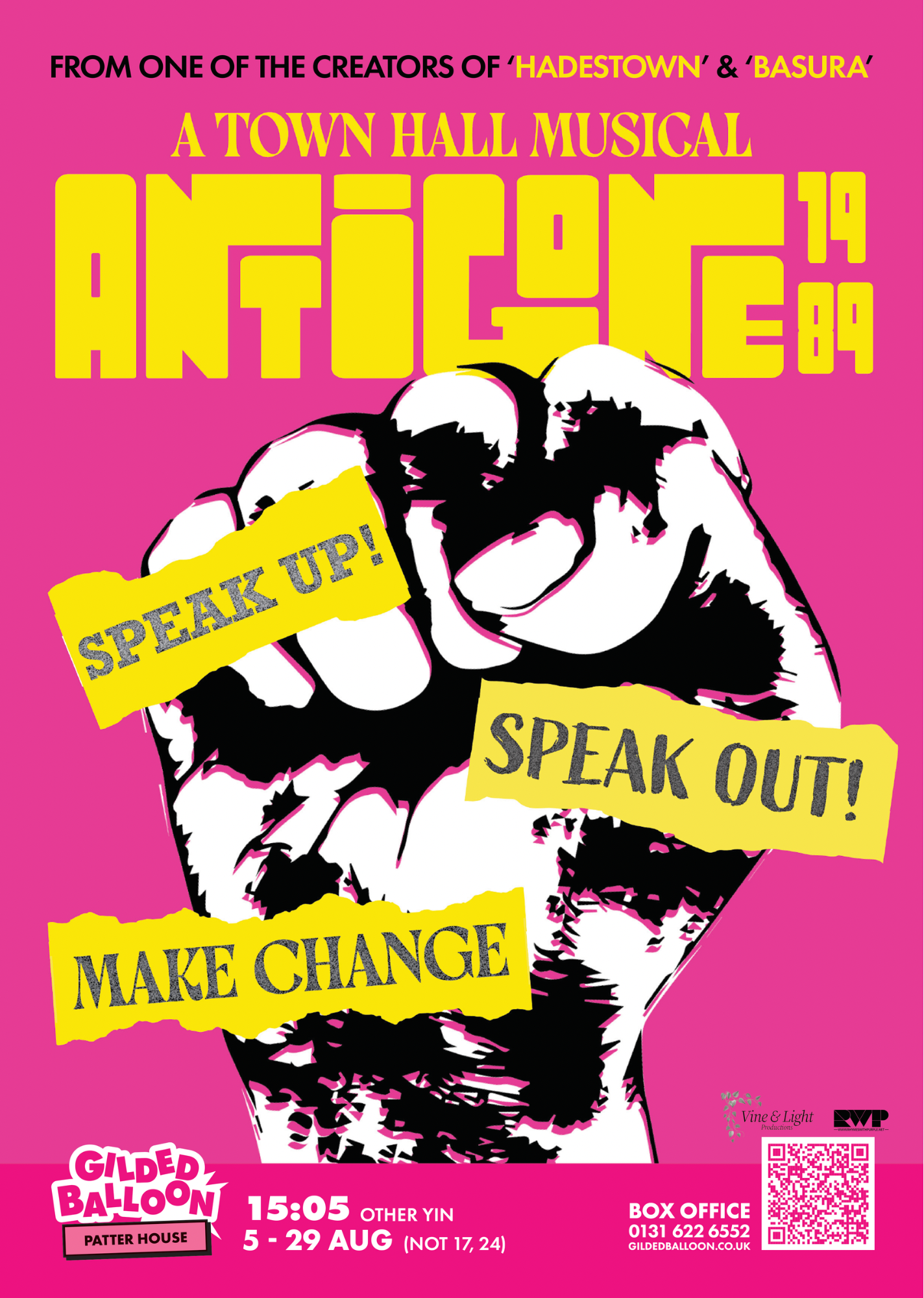 Poster for "Antigone 1989: A Town Hall Musical" — a black-and-white raised fist on a magenta background with yellow tape reading Speak Up, Speak Out, Make Change.